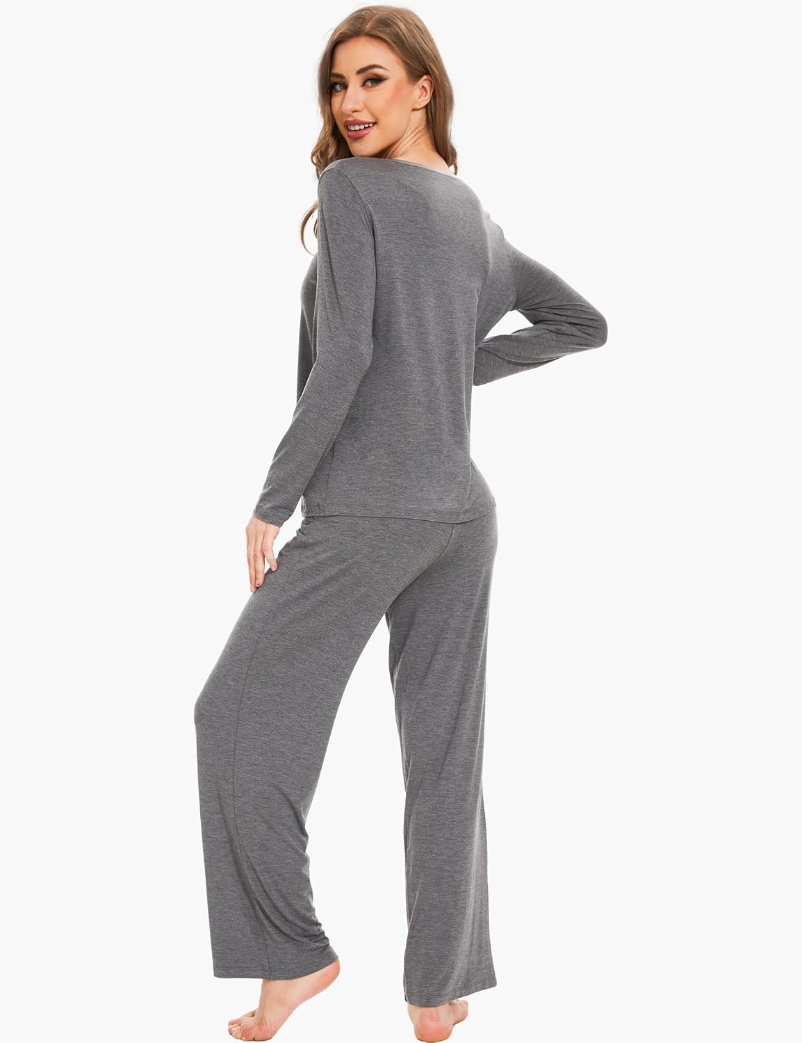 image:imageGYS Womens Bamboo Viscose Cooling Lace Trim Pajama Set Moisture wicking Breathable Tagless Soft stretch Long sleeve Elastic waist 2 pockets for night sweats amp loungeC Dark Heather Grey