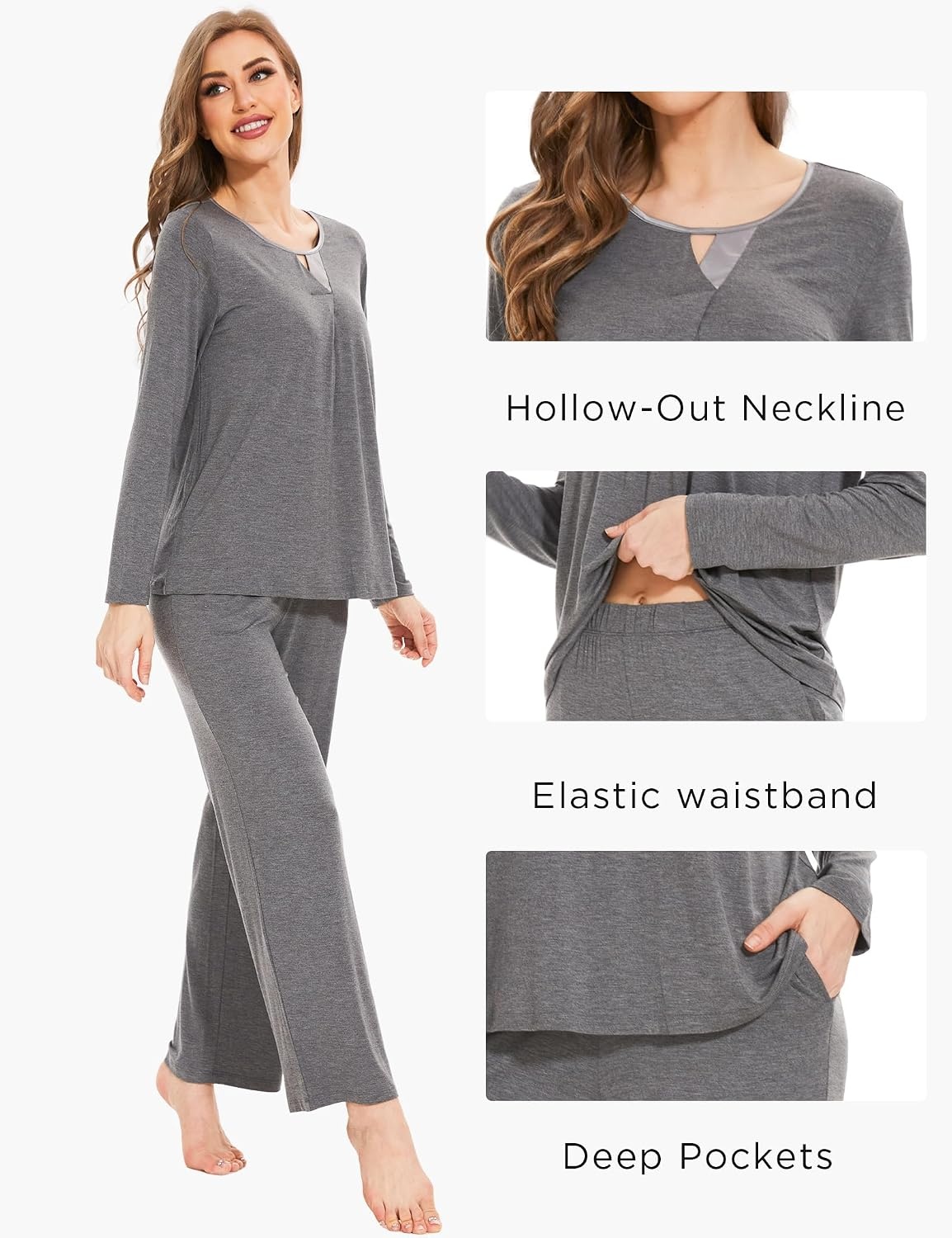 image:imageGYS Womens Bamboo Viscose Cooling Lace Trim Pajama Set Moisture wicking Breathable Tagless Soft stretch Long sleeve Elastic waist 2 pockets for night sweats amp loungeC Dark Heather Grey