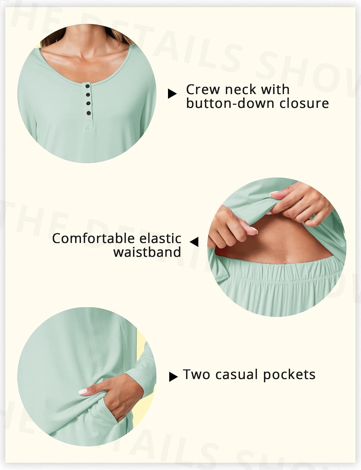 image:imageGYS Womens Bamboo Viscose Cooling Lace Trim Pajama Set Moisture wicking Breathable Tagless Soft stretch Long sleeve Elastic waist 2 pockets for night sweats amp loungeB Green
