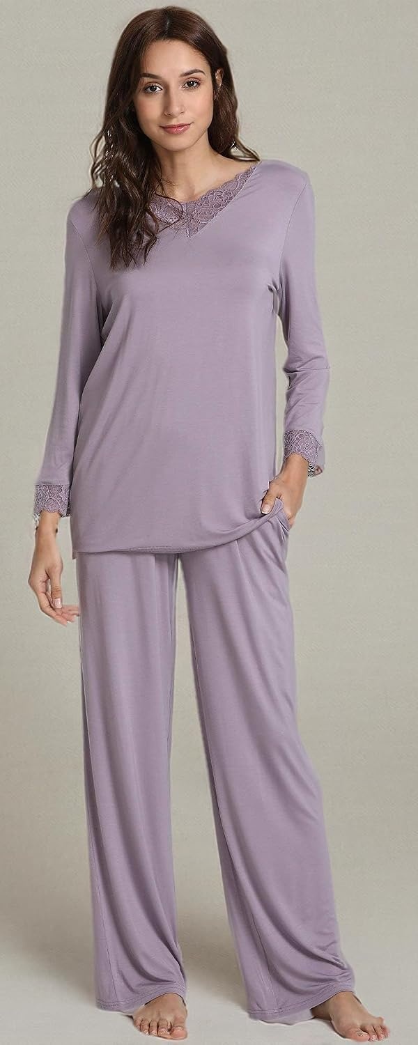 image:imageGYS Womens Bamboo Viscose Cooling Lace Trim Pajama Set Moisture wicking Breathable Tagless Soft stretch Long sleeve Elastic waist 2 pockets for night sweats amp loungeAviolet