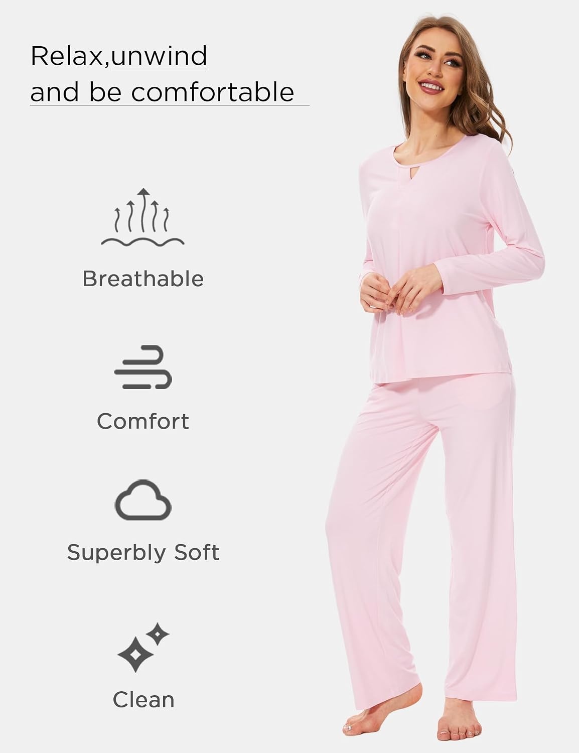 image:imageGYS Womens Bamboo Viscose Cooling Lace Trim Pajama Set Moisture wicking Breathable Tagless Soft stretch Long sleeve Elastic waist 2 pockets for night sweats amp loungeC Pink