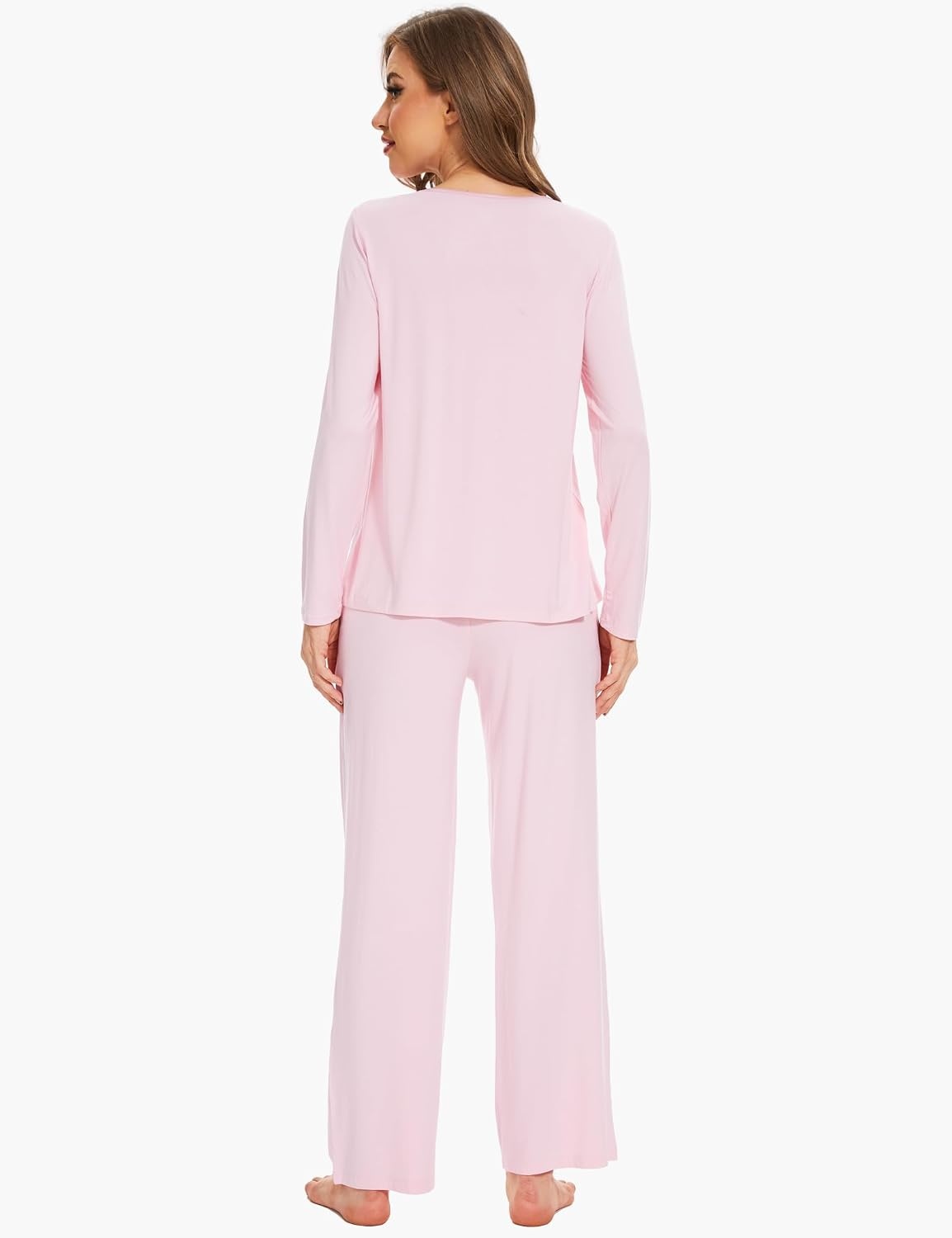image:imageGYS Womens Bamboo Viscose Cooling Lace Trim Pajama Set Moisture wicking Breathable Tagless Soft stretch Long sleeve Elastic waist 2 pockets for night sweats amp loungeC Pink