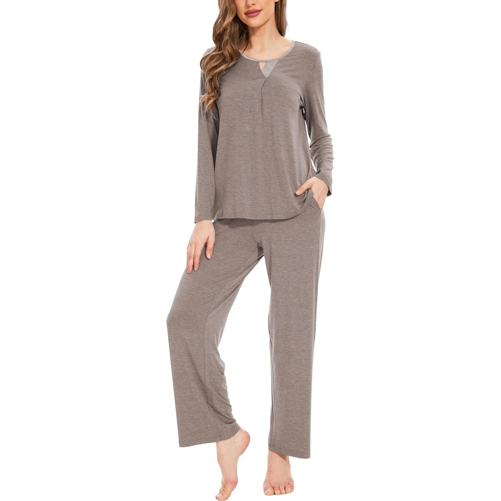 image:imageGYS Womens Bamboo Viscose Cooling Lace Trim Pajama Set  Moisture wicking Breathable Tagless Soft stretch Long sleeve Elastic waist 2 pockets for night sweats amp loungeC  Camel