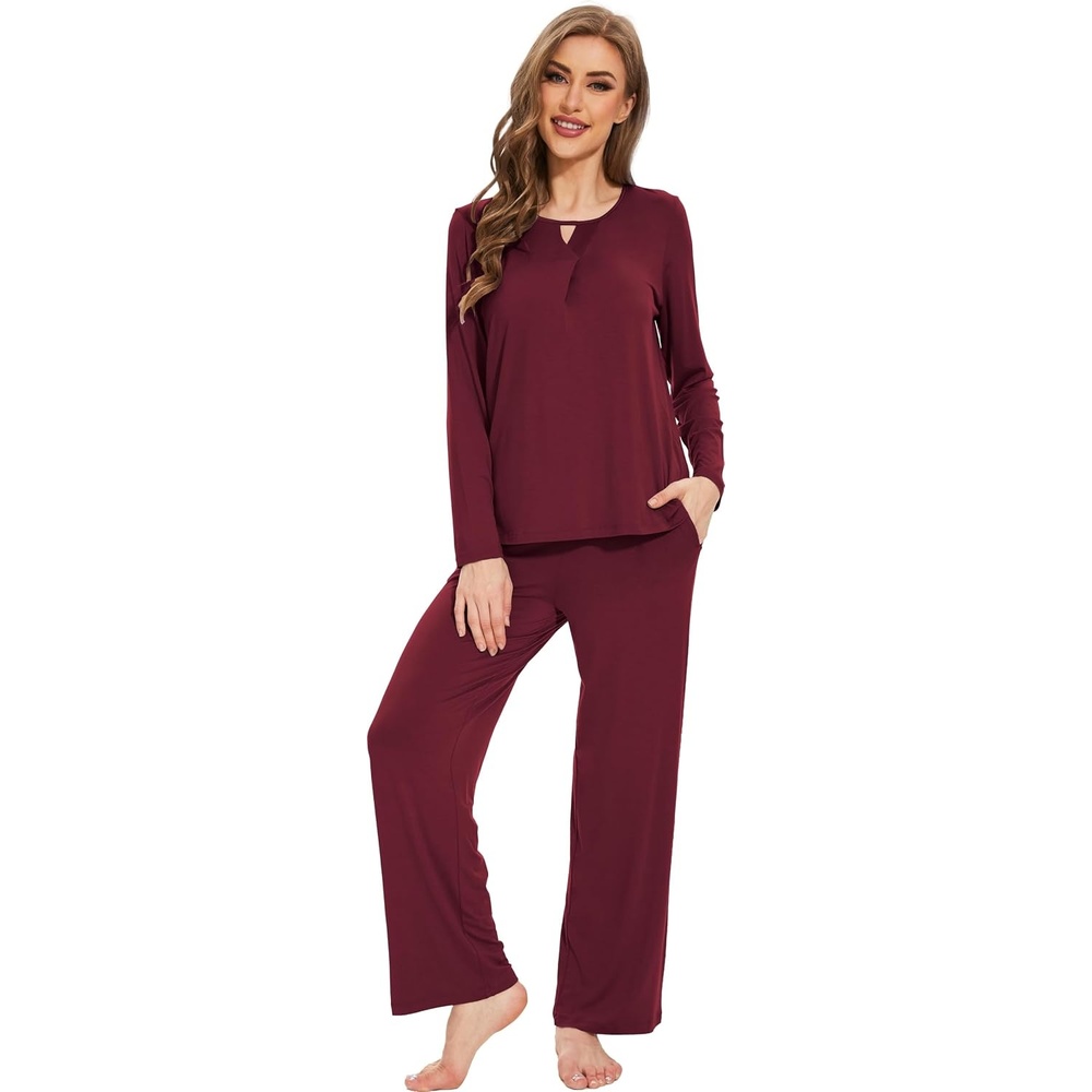 image:imageGYS Womens Bamboo Viscose Cooling Lace Trim Pajama Set  Moisture wicking Breathable Tagless Soft stretch Long sleeve Elastic waist 2 pockets for night sweats amp loungeC  Wine