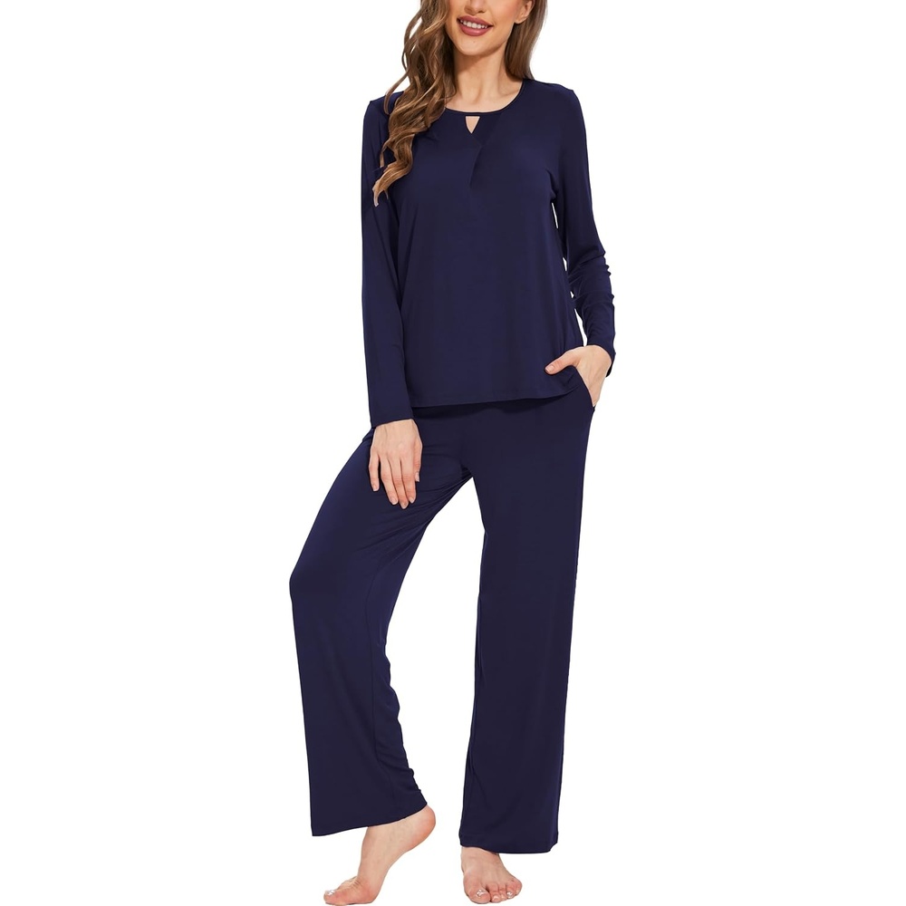 image:imageGYS Womens Bamboo Viscose Cooling Lace Trim Pajama Set  Moisture wicking Breathable Tagless Soft stretch Long sleeve Elastic waist 2 pockets for night sweats amp loungeC  Navy