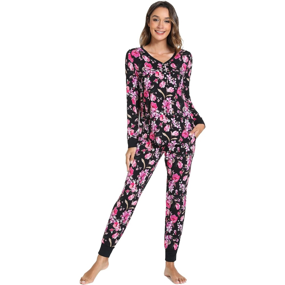 image:imageGYS Womens Bamboo Viscose Pajama Set Wide Waistband Cooling Drwastring Moisture wicking Breathable No pinch Jogger pants Soft stretch for night sweats amp Christmas loungeMagnolia