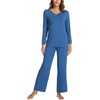 GYS Women’s Bamboo Viscose Cooling Lace Trim Pajama Set | Moisture wicking, Breathable, Tagless, Soft stretch, Long sleeve, Elastic waist, 2 pockets, for night sweats & lounge(A-prussian Blue)
