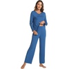 GYS Women’s Bamboo Viscose Cooling Lace Trim Pajama Set | Moisture wicking, Breathable, Tagless, Soft stretch, Long sleeve, Elastic waist, 2 pockets, for night sweats & lounge(A-prussian Blue)