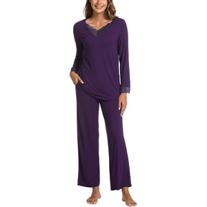 GYS Women’s Bamboo Viscose Cooling Lace Trim Pajama Set | Moisture wicking, Breathable, Tagless, Soft stretch, Long sleeve, Elastic waist, 2 pockets, for night sweats & lounge(A-deep Purple)