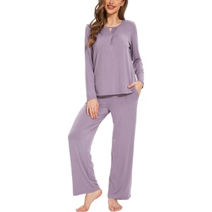 GYS Women’s Bamboo Viscose Cooling Lace Trim Pajama Set | Moisture wicking, Breathable, Tagless, Soft stretch, Long sleeve, Elastic waist, 2 pockets, for night sweats & lounge(C – Violet)