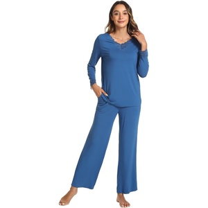 GYS Women’s Bamboo Viscose Cooling Lace Trim Pajama Set | Moisture wicking, Breathable, Tagless, Soft stretch, Long sleeve, Elastic waist, 2 pockets, for night sweats & lounge(A-prussian Blue)