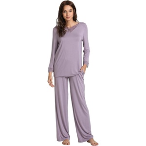 GYS Women’s Bamboo Viscose Cooling Lace Trim Pajama Set | Moisture wicking, Breathable, Tagless, Soft stretch, Long sleeve, Elastic waist, 2 pockets, for night sweats & lounge(A-violet)