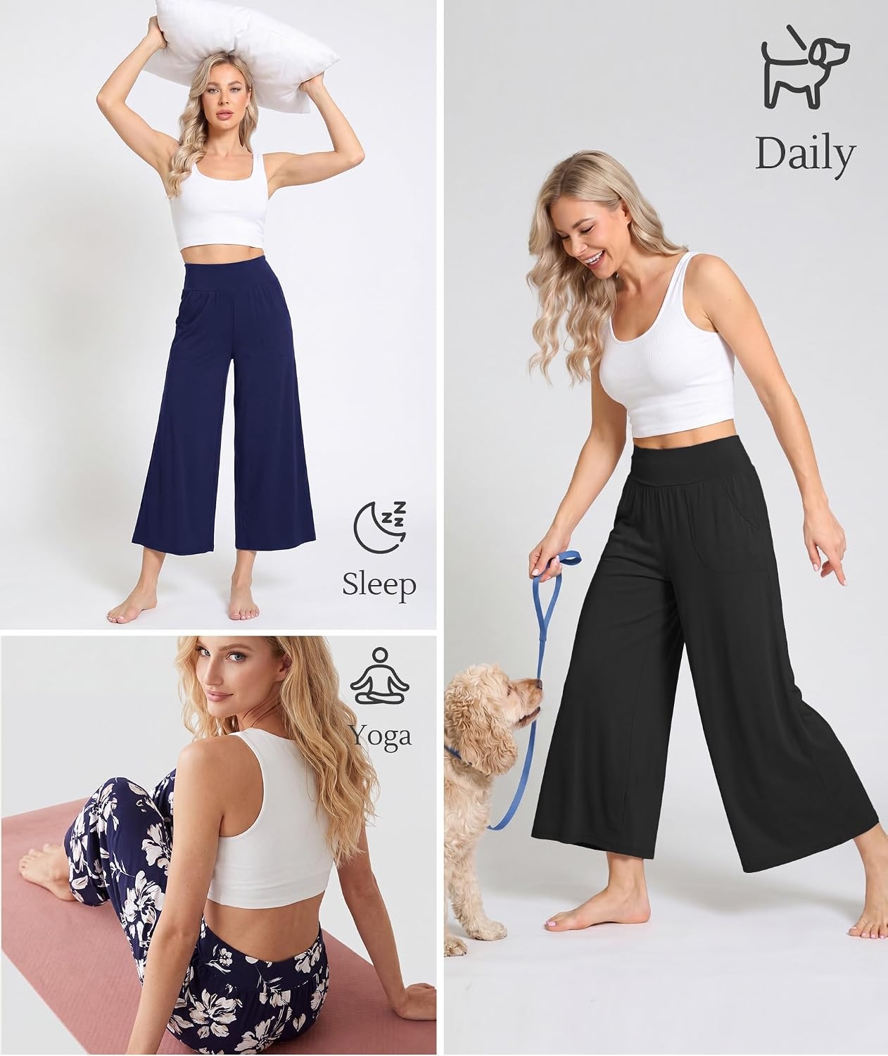 image:imageGYS Bamboo Viscose Womens Capri Pajama Pants Black Small Soft Culottes Cropped Lounge Pants Lightweight Flowy Yoga Pants Knitted Gaucho Pants Wide Leg High Waist PJ Bottom