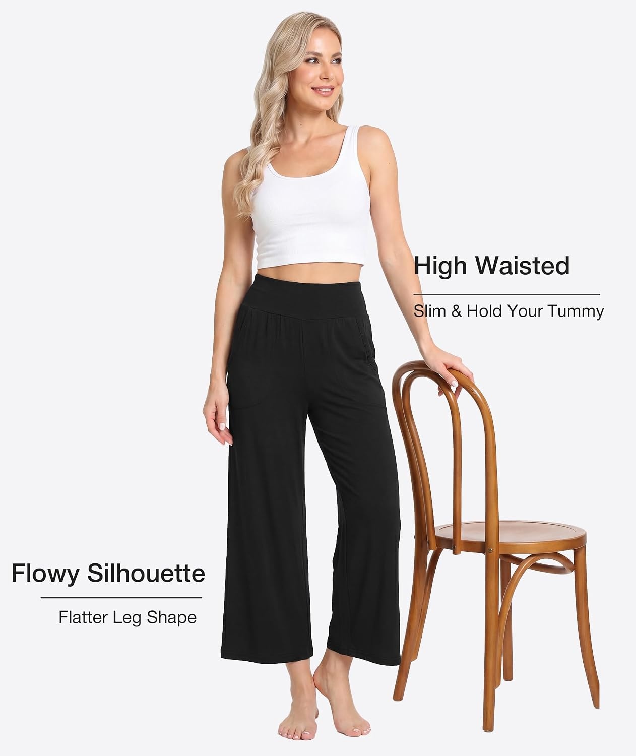 image:imageGYS Bamboo Viscose Womens Capri Pajama Pants Black Small Soft Culottes Cropped Lounge Pants Lightweight Flowy Yoga Pants Knitted Gaucho Pants Wide Leg High Waist PJ Bottom