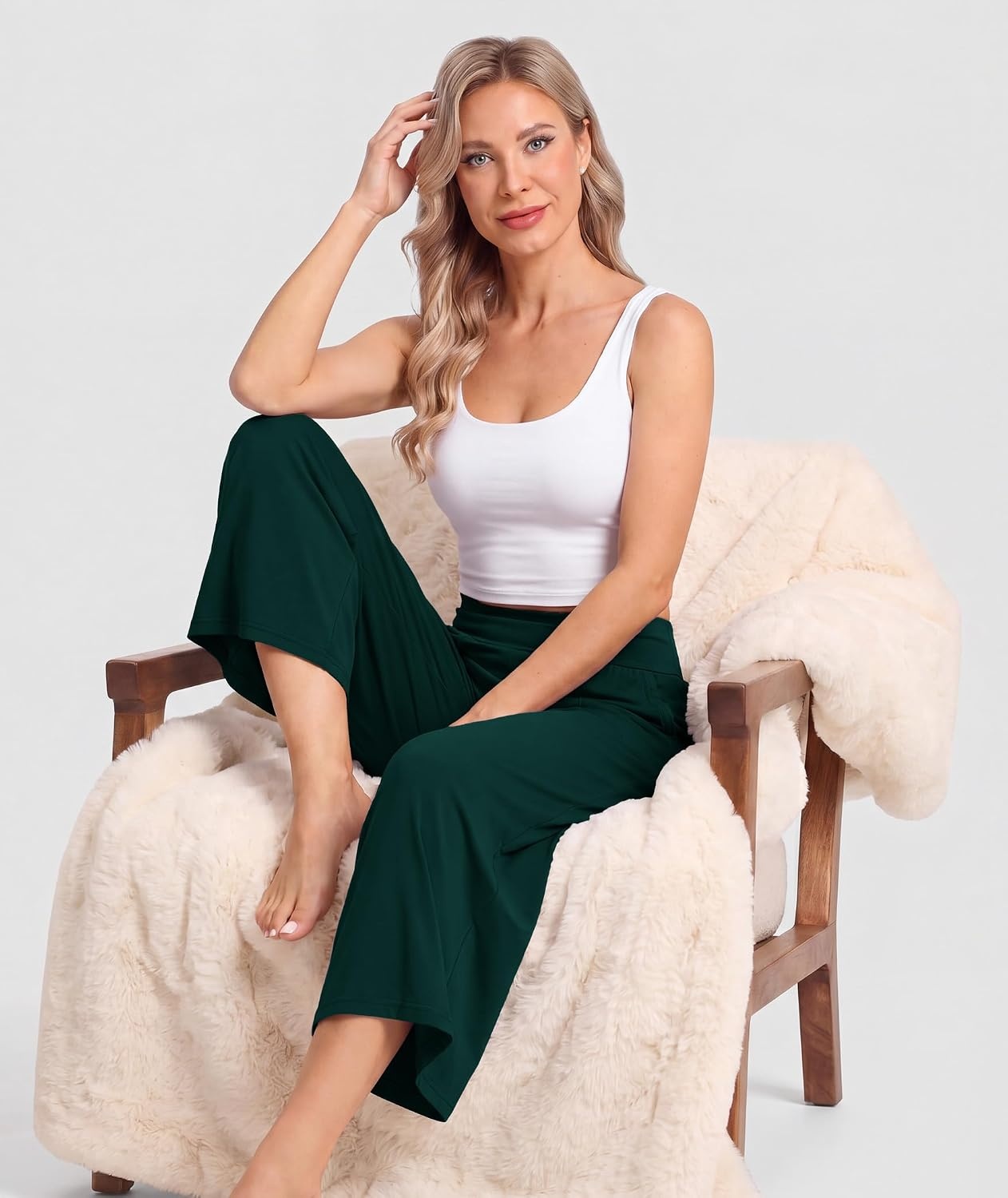 image:imageGYS Bamboo Viscose Womens Capri Pajama Pants Dark Green Small Soft Culottes Cropped Lounge Pants Lightweight Flowy Yoga Pants Knitted Gaucho Pants Wide Leg High Waist PJ Bottom