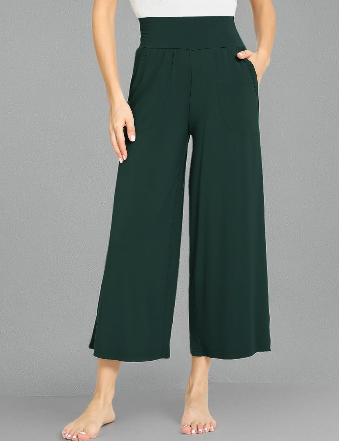 image:imageGYS Bamboo Viscose Womens Capri Pajama Pants Dark Green Small Soft Culottes Cropped Lounge Pants Lightweight Flowy Yoga Pants Knitted Gaucho Pants Wide Leg High Waist PJ Bottom