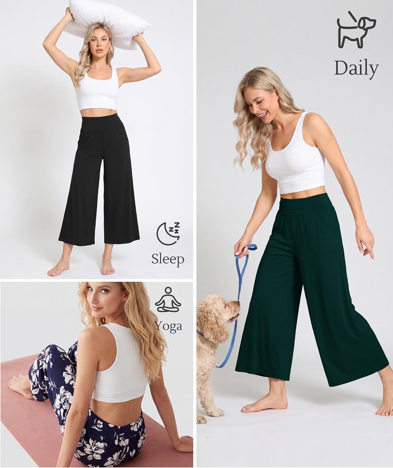 image:imageGYS Bamboo Viscose Womens Capri Pajama Pants Dark Green Small Soft Culottes Cropped Lounge Pants Lightweight Flowy Yoga Pants Knitted Gaucho Pants Wide Leg High Waist PJ Bottom