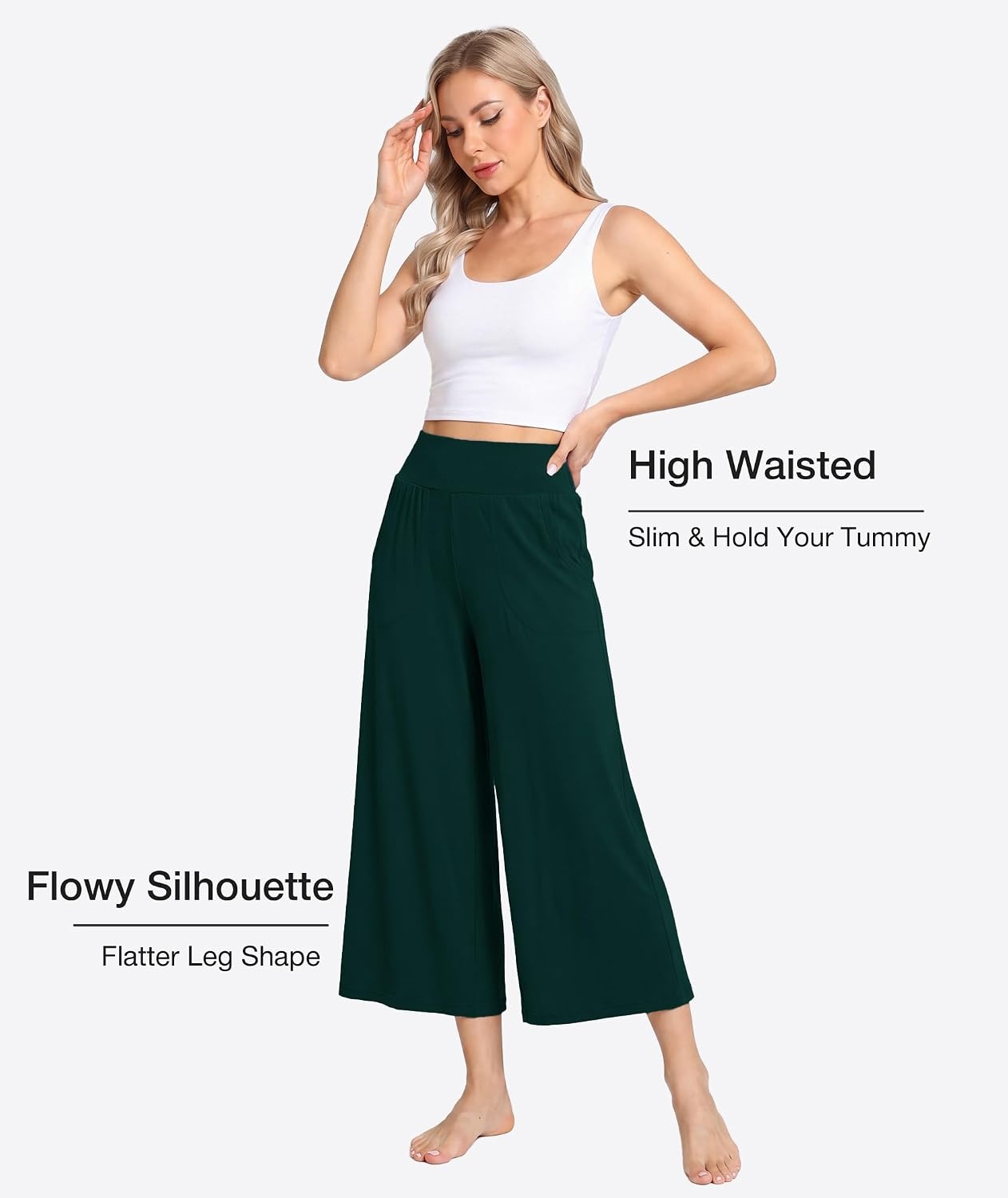 image:imageGYS Bamboo Viscose Womens Capri Pajama Pants Dark Green Small Soft Culottes Cropped Lounge Pants Lightweight Flowy Yoga Pants Knitted Gaucho Pants Wide Leg High Waist PJ Bottom