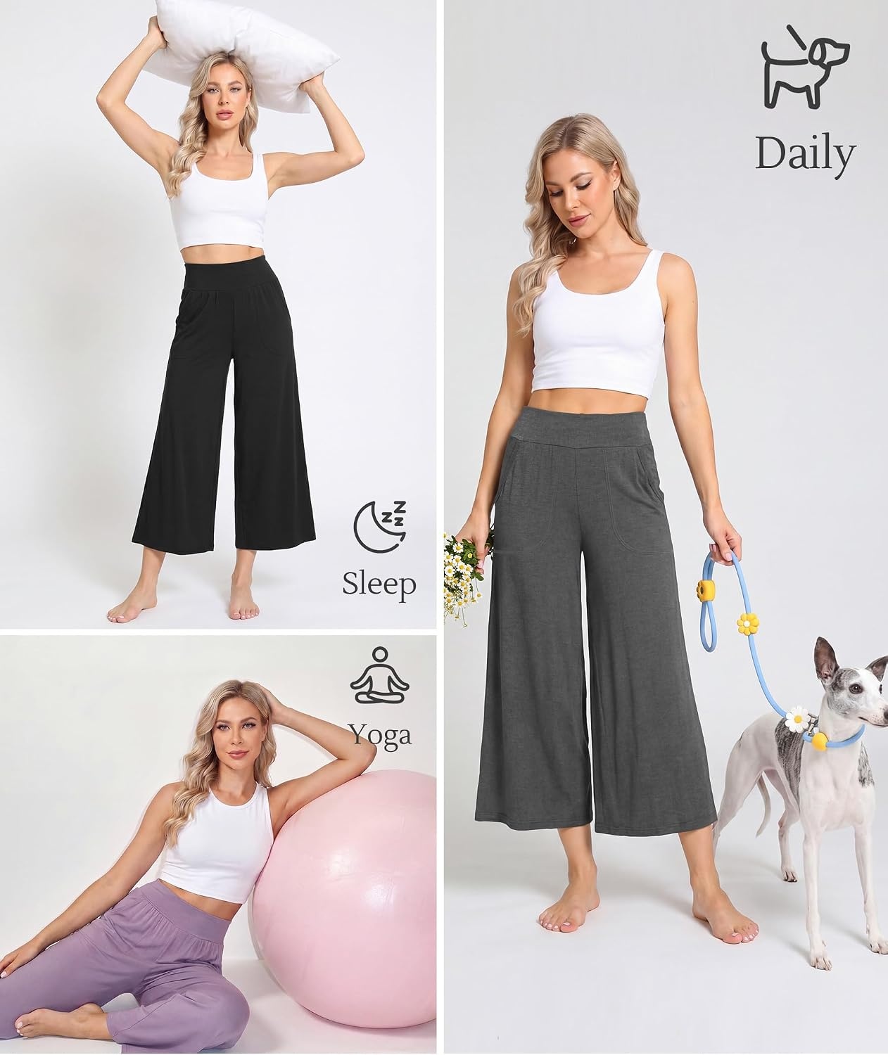 image:imageGYS Bamboo Viscose Womens Capri Pajama Pants Dark Grey Large Soft Culottes Cropped Lounge Pants Lightweight Flowy Yoga Pants Knitted Gaucho Pants Wide Leg High Waist PJ Bottom