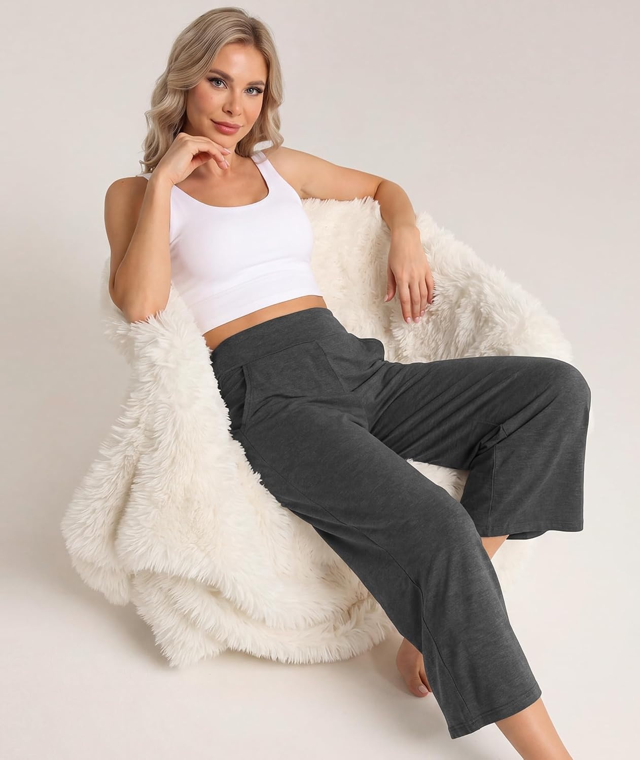 image:imageGYS Bamboo Viscose Womens Capri Pajama Pants Dark Grey XLarge Soft Culottes Cropped Lounge Pants Lightweight Flowy Yoga Pants Knitted Gaucho Pants Wide Leg High Waist PJ Bottom
