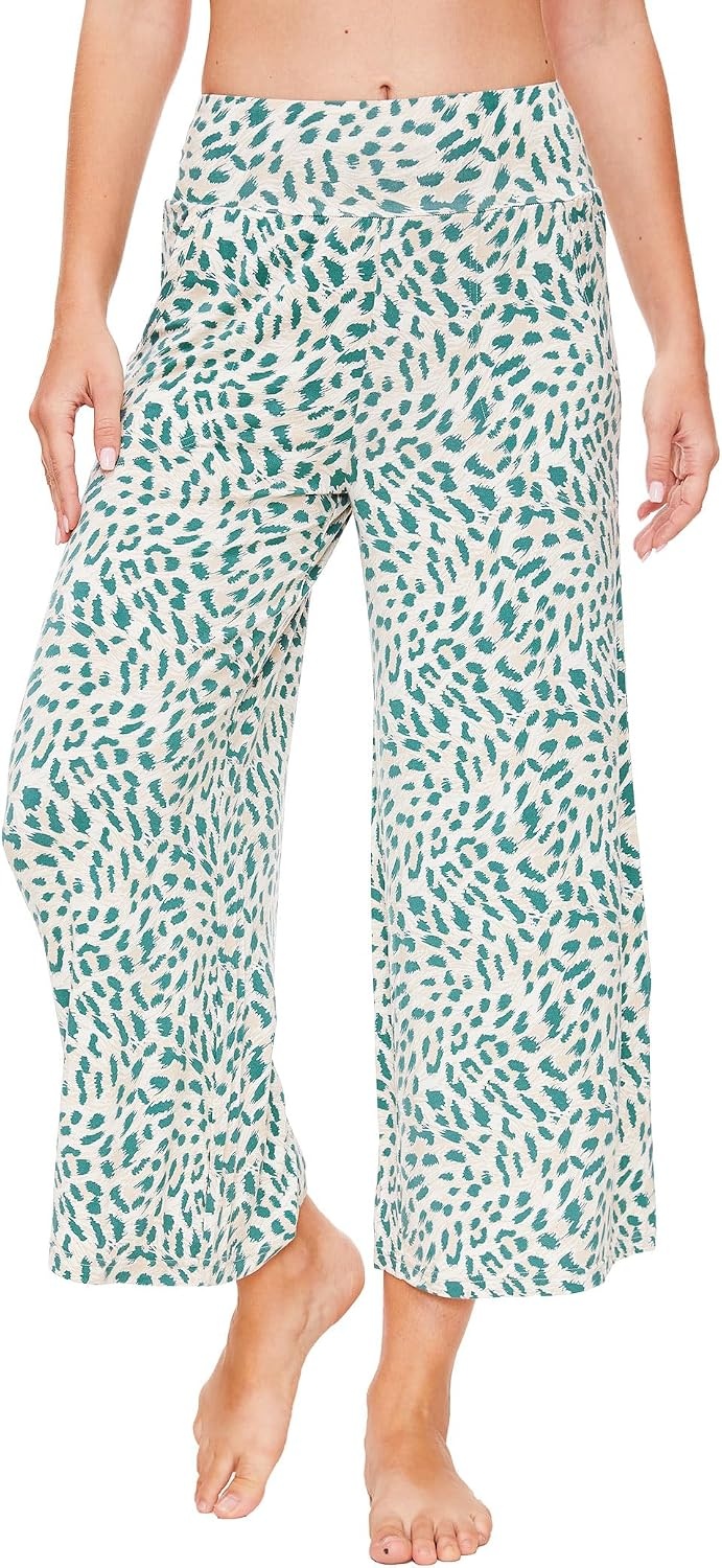 image:imageGYS Bamboo Viscose Womens Capri Pajama Pants Green Leopard XLarge Soft Culottes Cropped Lounge Pants Lightweight Flowy Yoga Pants Knitted Gaucho Pants Wide Leg High Waist PJ Bottom