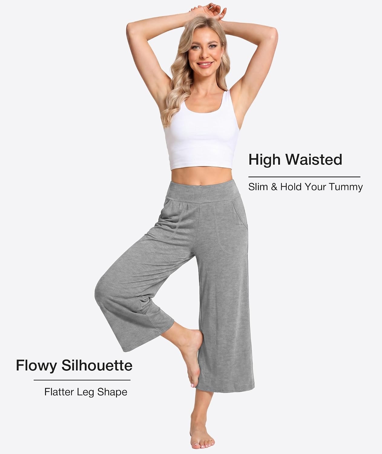 image:imageGYS Bamboo Viscose Womens Capri Pajama Pants Heather Grey XLarge Soft Culottes Cropped Lounge Pants Lightweight Flowy Yoga Pants Knitted Gaucho Pants Wide Leg High Waist PJ Bottom