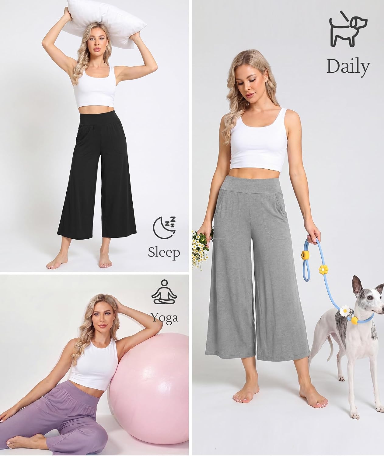 image:imageGYS Bamboo Viscose Womens Capri Pajama Pants Heather Grey XLarge Soft Culottes Cropped Lounge Pants Lightweight Flowy Yoga Pants Knitted Gaucho Pants Wide Leg High Waist PJ Bottom