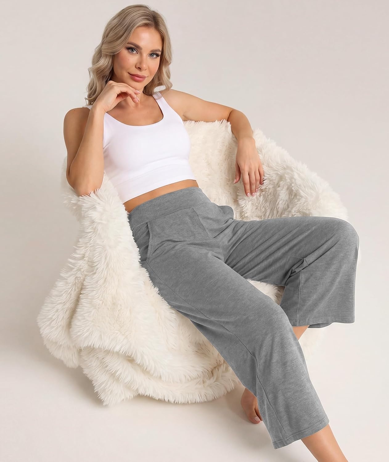image:imageGYS Bamboo Viscose Womens Capri Pajama Pants Heather Grey XXLarge Plus Soft Culottes Cropped Lounge Pants Lightweight Flowy Yoga Pants Knitted Gaucho Pants Wide Leg High Waist PJ Bottom