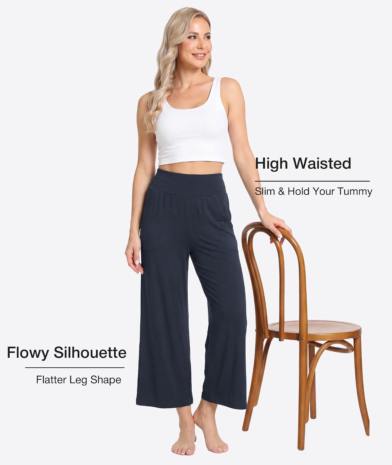 image:imageGYS Bamboo Viscose Womens Capri Pajama Pants Midnight Blue Large Soft Culottes Cropped Lounge Pants Lightweight Flowy Yoga Pants Knitted Gaucho Pants Wide Leg High Waist PJ Bottom