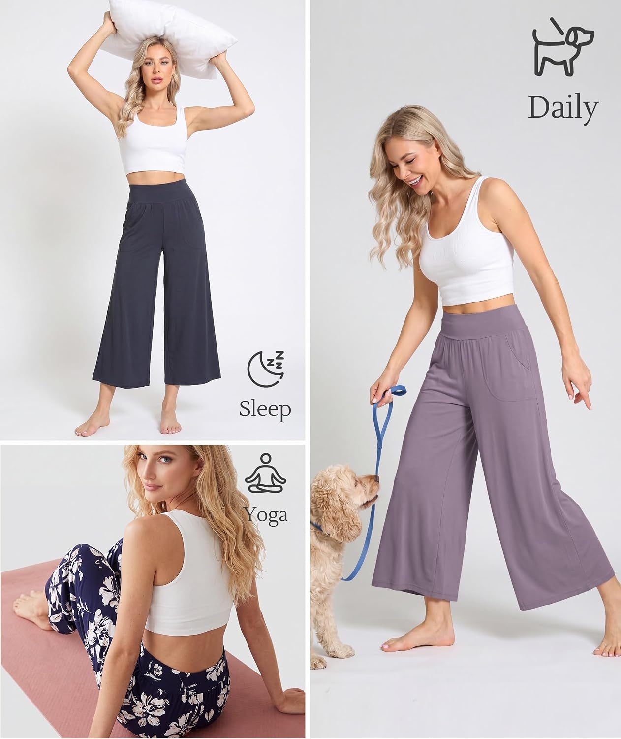 image:imageGYS Bamboo Viscose Womens Capri Pajama Pants Midnight Blue Small Soft Culottes Cropped Lounge Pants Lightweight Flowy Yoga Pants Knitted Gaucho Pants Wide Leg High Waist PJ Bottom