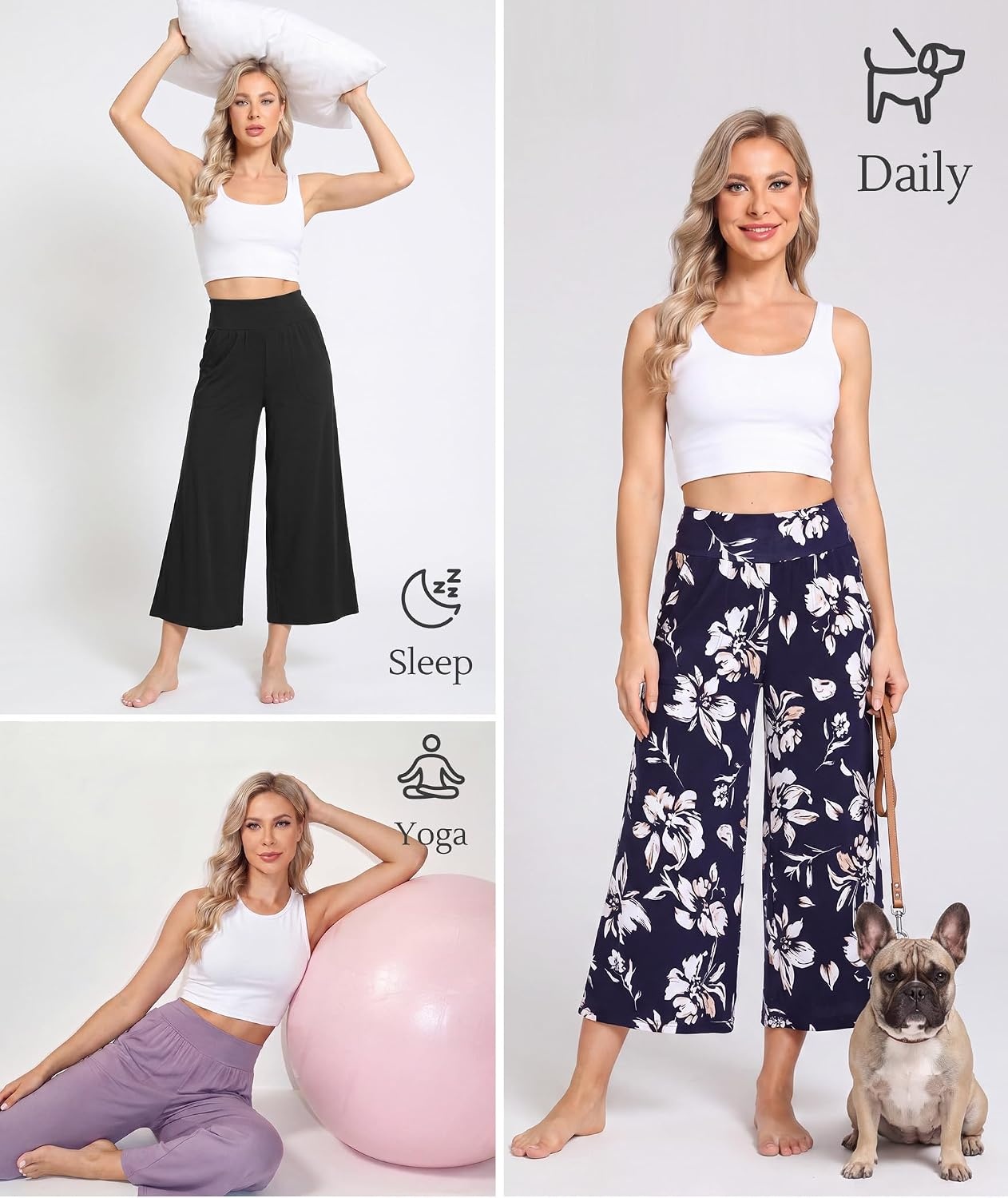 image:imageGYS Bamboo Viscose Womens Capri Pajama Pants Navy Floral Medium Soft Culottes Cropped Lounge Pants Lightweight Flowy Yoga Pants Knitted Gaucho Pants Wide Leg High Waist PJ Bottom
