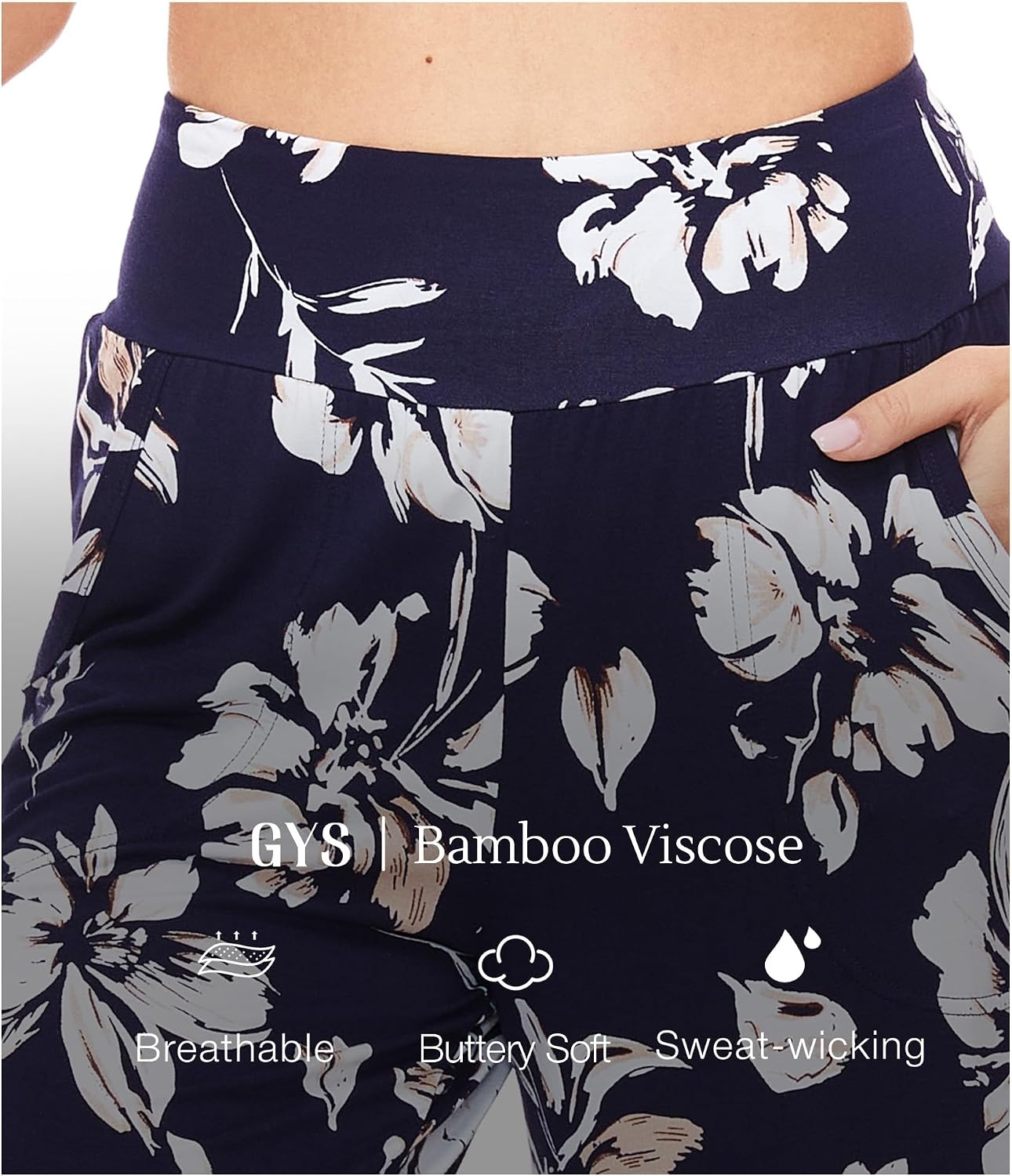 image:imageGYS Bamboo Viscose Womens Capri Pajama Pants Navy Floral Medium Soft Culottes Cropped Lounge Pants Lightweight Flowy Yoga Pants Knitted Gaucho Pants Wide Leg High Waist PJ Bottom