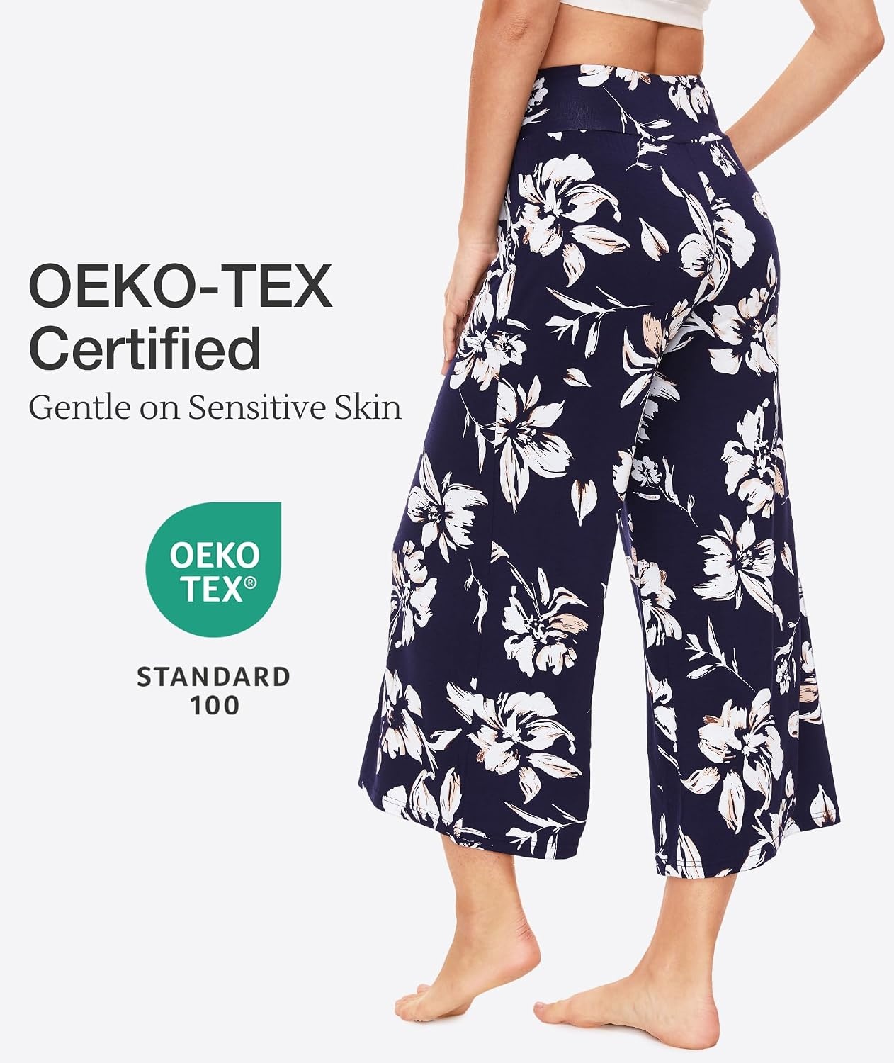 image:imageGYS Bamboo Viscose Womens Capri Pajama Pants Navy Floral Medium Soft Culottes Cropped Lounge Pants Lightweight Flowy Yoga Pants Knitted Gaucho Pants Wide Leg High Waist PJ Bottom