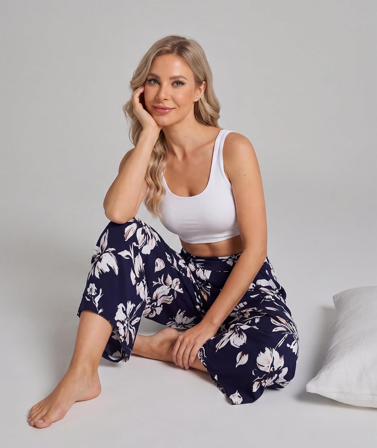 image:imageGYS Bamboo Viscose Womens Capri Pajama Pants Navy Floral Medium Soft Culottes Cropped Lounge Pants Lightweight Flowy Yoga Pants Knitted Gaucho Pants Wide Leg High Waist PJ Bottom