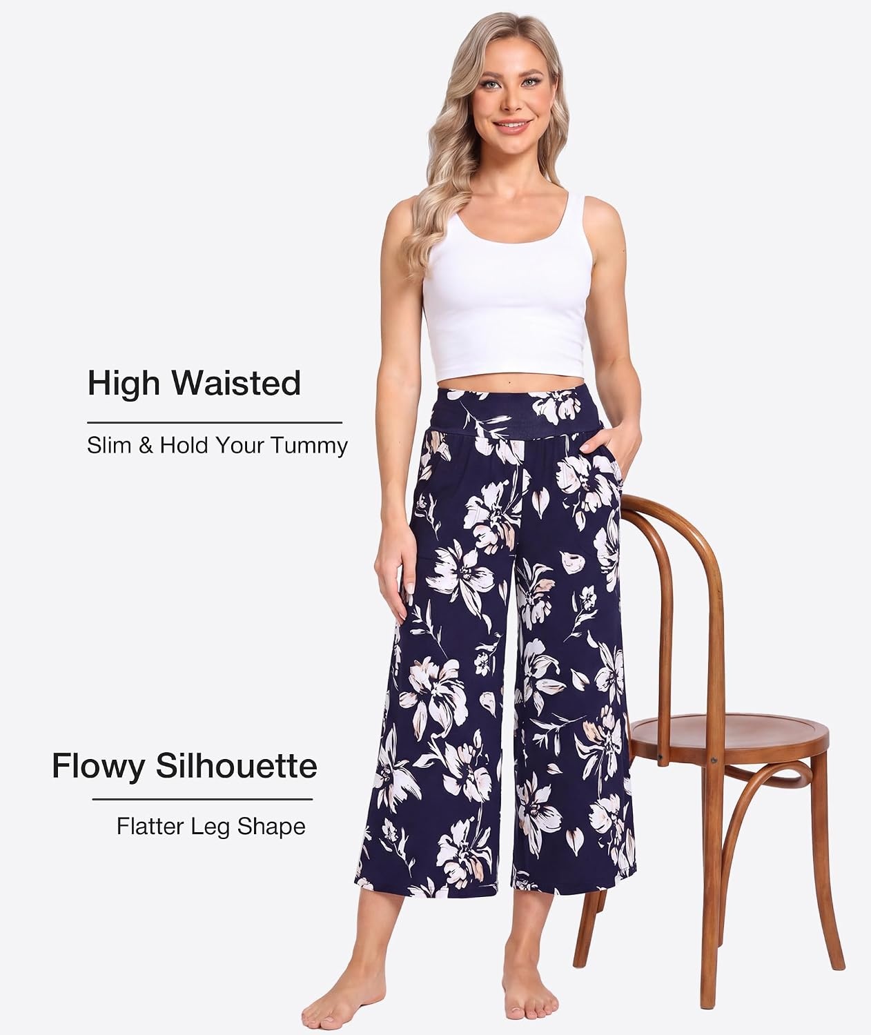 image:imageGYS Bamboo Viscose Womens Capri Pajama Pants Navy Floral Medium Soft Culottes Cropped Lounge Pants Lightweight Flowy Yoga Pants Knitted Gaucho Pants Wide Leg High Waist PJ Bottom