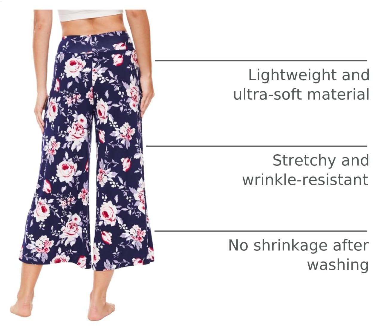 image:imageGYS Bamboo Viscose Womens Capri Pajama Pants Navy Peony Large Soft Culottes Cropped Lounge Pants Lightweight Flowy Yoga Pants Knitted Gaucho Pants Wide Leg High Waist PJ Bottom
