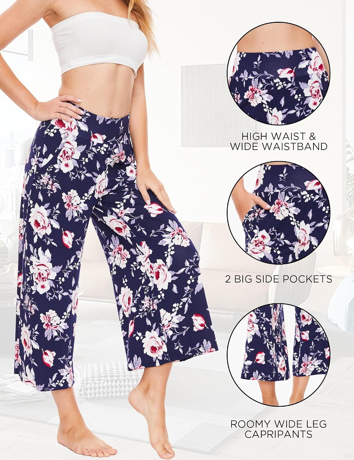 image:imageGYS Bamboo Viscose Womens Capri Pajama Pants Navy Peony Large Soft Culottes Cropped Lounge Pants Lightweight Flowy Yoga Pants Knitted Gaucho Pants Wide Leg High Waist PJ Bottom