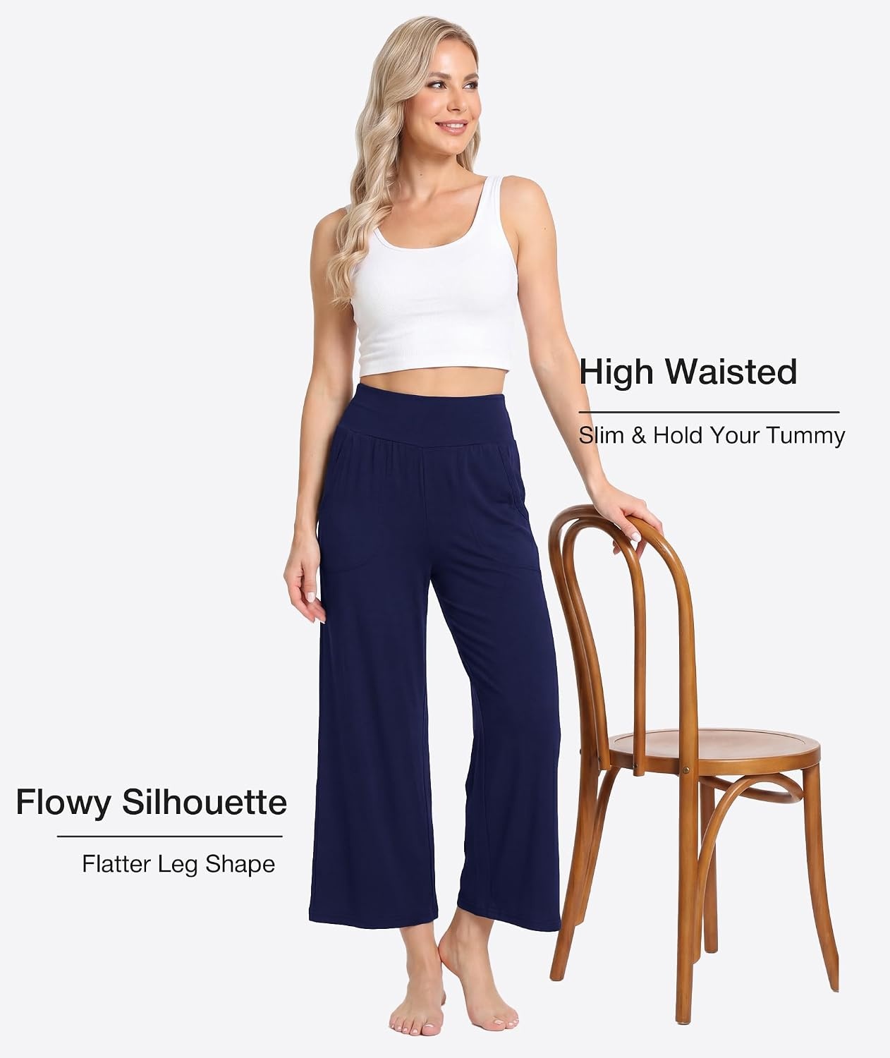 image:imageGYS Bamboo Viscose Womens Capri Pajama Pants Navy Small Soft Culottes Cropped Lounge Pants Lightweight Flowy Yoga Pants Knitted Gaucho Pants Wide Leg High Waist PJ Bottom