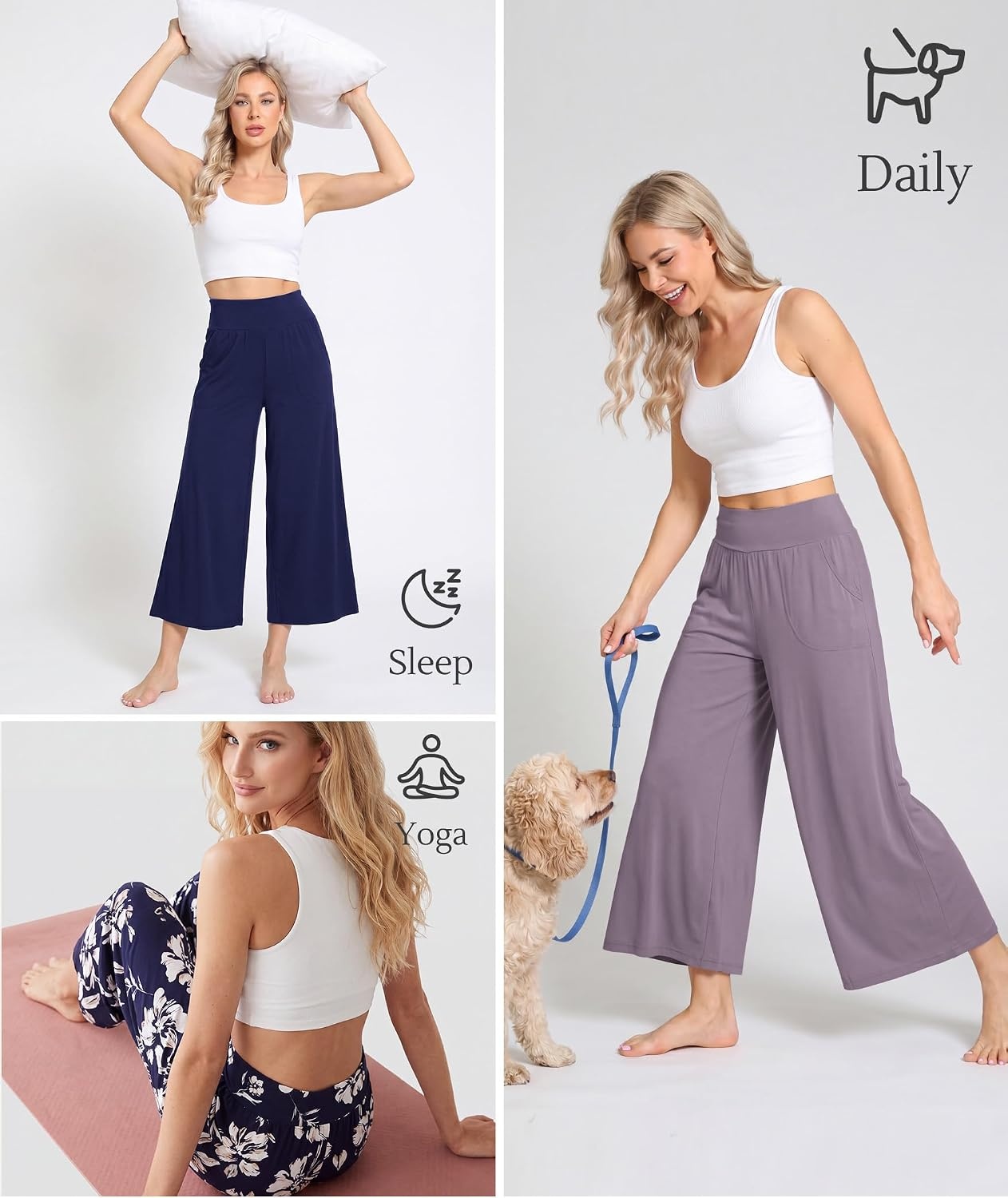image:imageGYS Bamboo Viscose Womens Capri Pajama Pants Navy XXLarge Plus Soft Culottes Cropped Lounge Pants Lightweight Flowy Yoga Pants Knitted Gaucho Pants Wide Leg High Waist PJ Bottom