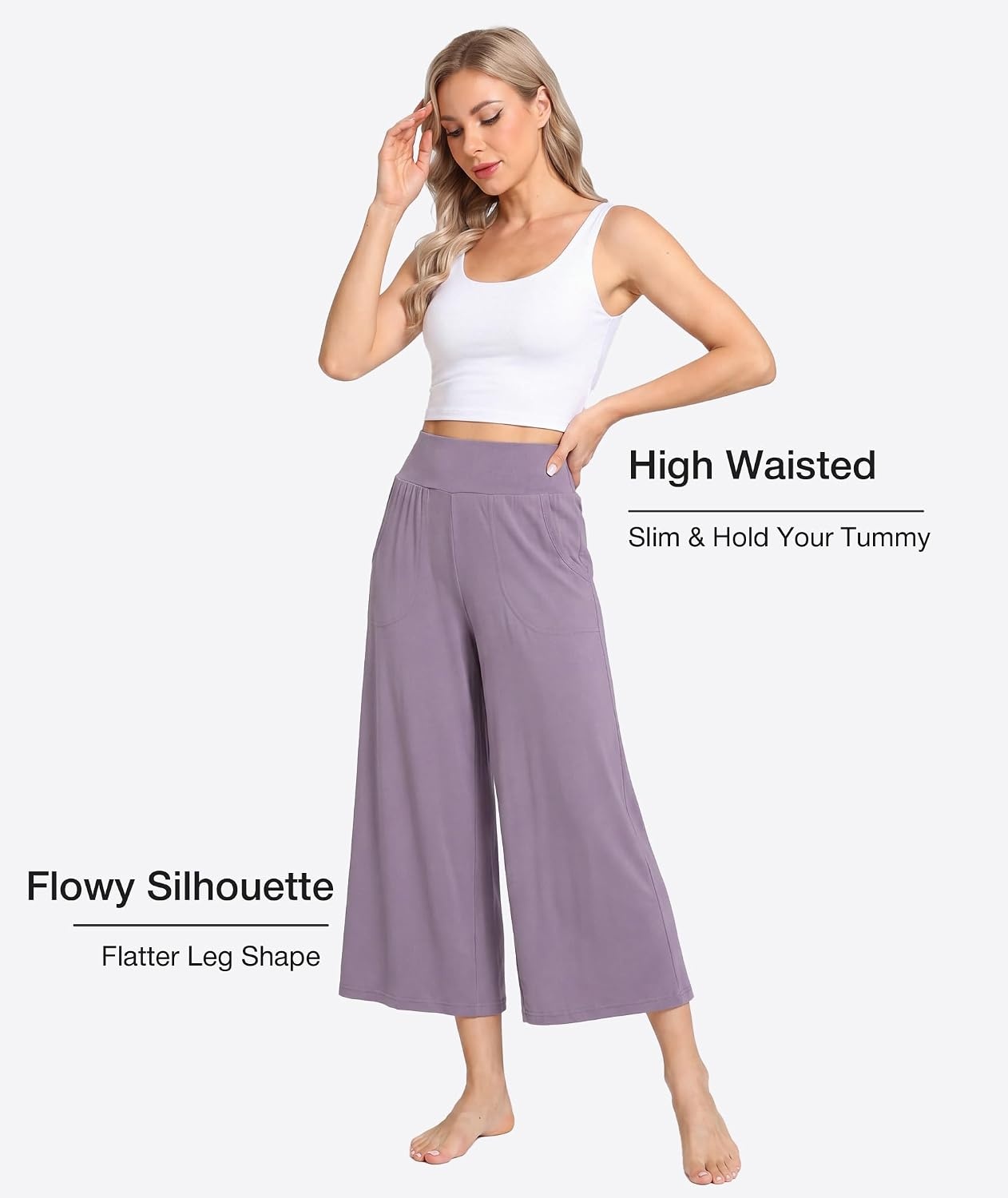 image:imageGYS Bamboo Viscose Womens Capri Pajama Pants Violet Medium Soft Culottes Cropped Lounge Pants Lightweight Flowy Yoga Pants Knitted Gaucho Pants Wide Leg High Waist PJ Bottom