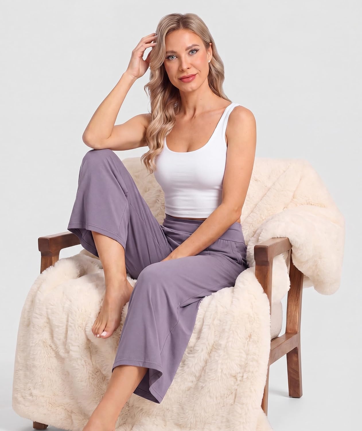 image:imageGYS Bamboo Viscose Womens Capri Pajama Pants Violet Small Soft Culottes Cropped Lounge Pants Lightweight Flowy Yoga Pants Knitted Gaucho Pants Wide Leg High Waist PJ Bottom