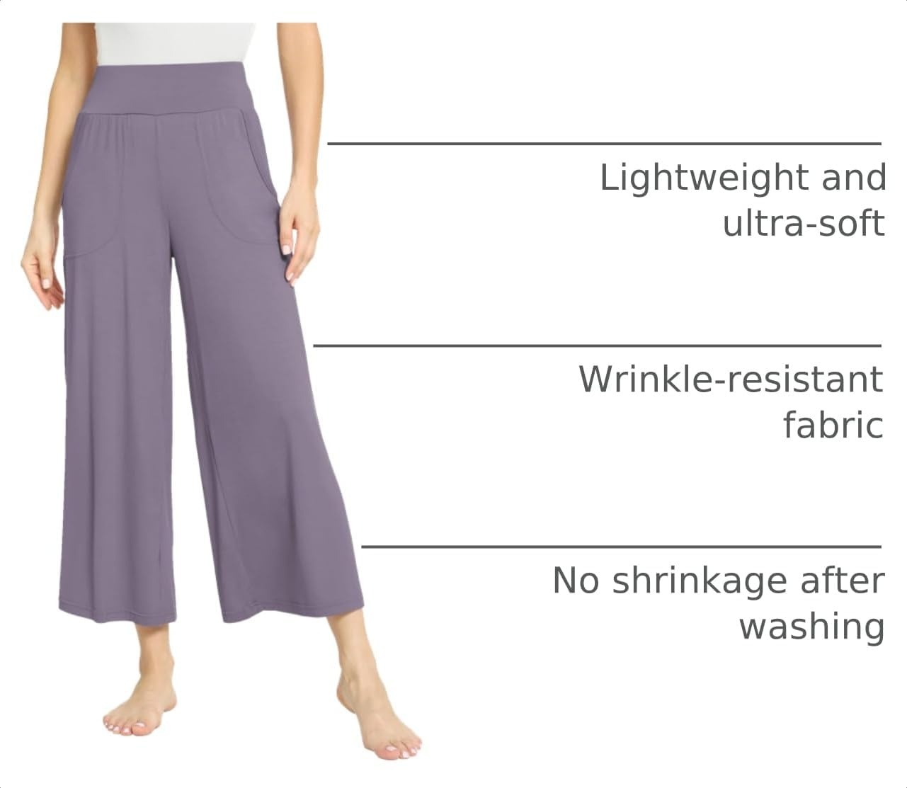 image:imageGYS Bamboo Viscose Womens Capri Pajama Pants Violet Small Soft Culottes Cropped Lounge Pants Lightweight Flowy Yoga Pants Knitted Gaucho Pants Wide Leg High Waist PJ Bottom