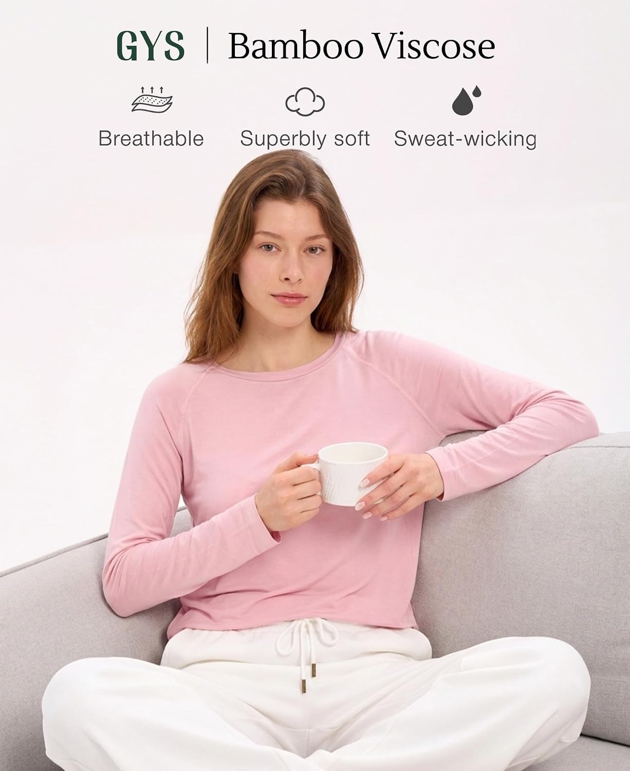 image:imageGYS Bamboo Viscose Womens Pajama Tops Long Sleeve Comfy Base Layer Tees Lightweight Stretchy PJ Tops ButterySoft Sleep Shirt Casual Crew Neck Lounge Top MoistureWicking TShirtDusky Pink