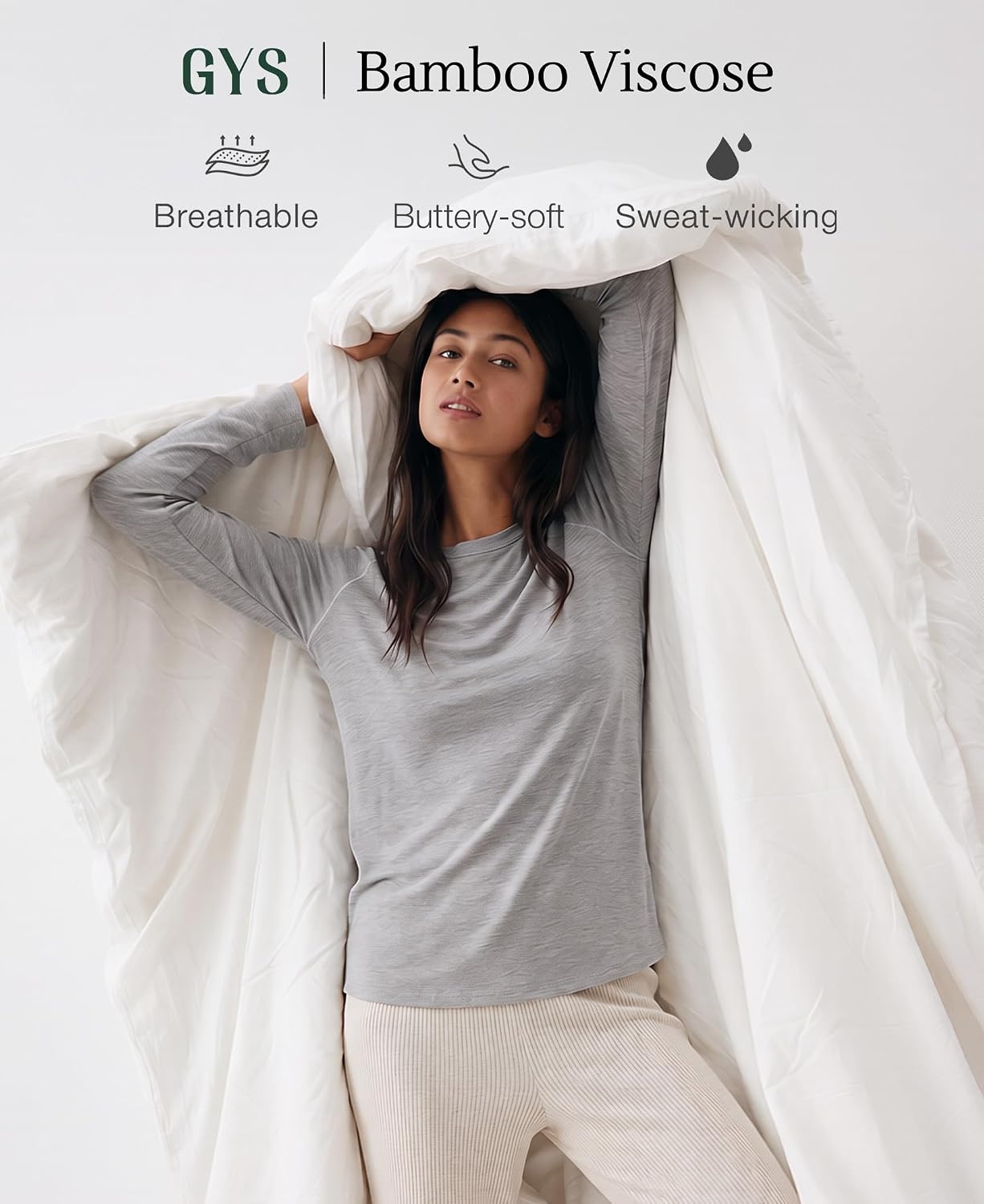image:imageGYS Bamboo Viscose Womens Pajama Tops Long Sleeve Comfy Base Layer Tees Lightweight Stretchy PJ Tops ButterySoft Sleep Shirt Casual Crew Neck Lounge Top MoistureWicking TShirtHeather Grey