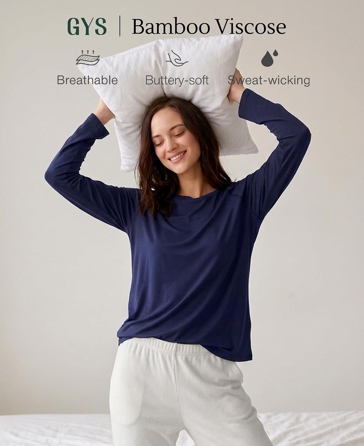 image:imageGYS Bamboo Viscose Womens Pajama Tops Long Sleeve Comfy Base Layer Tees Lightweight Stretchy PJ Tops ButterySoft Sleep Shirt Casual Crew Neck Lounge Top MoistureWicking TShirtNavy