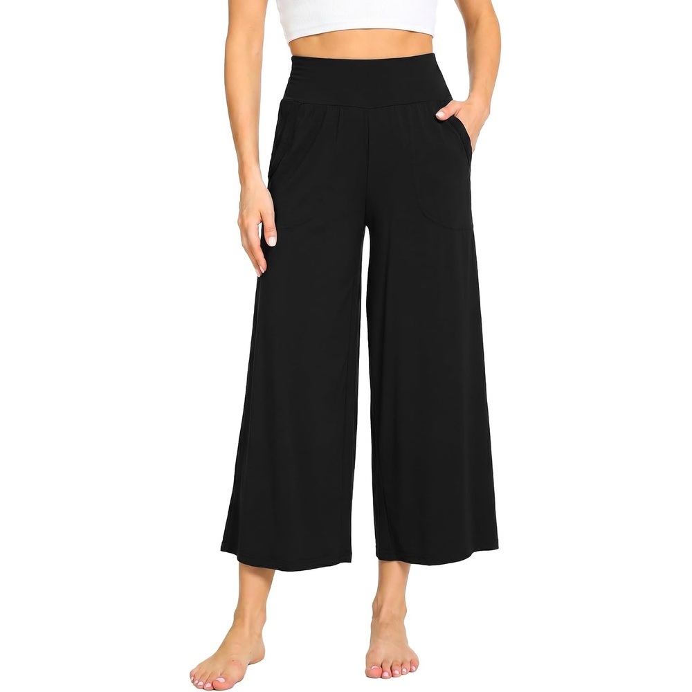 image:imageGYS Bamboo Viscose Womens Capri Pajama Pants Black Small Soft Culottes Cropped Lounge Pants Lightweight Flowy Yoga Pants Knitted Gaucho Pants Wide Leg High Waist PJ Bottom
