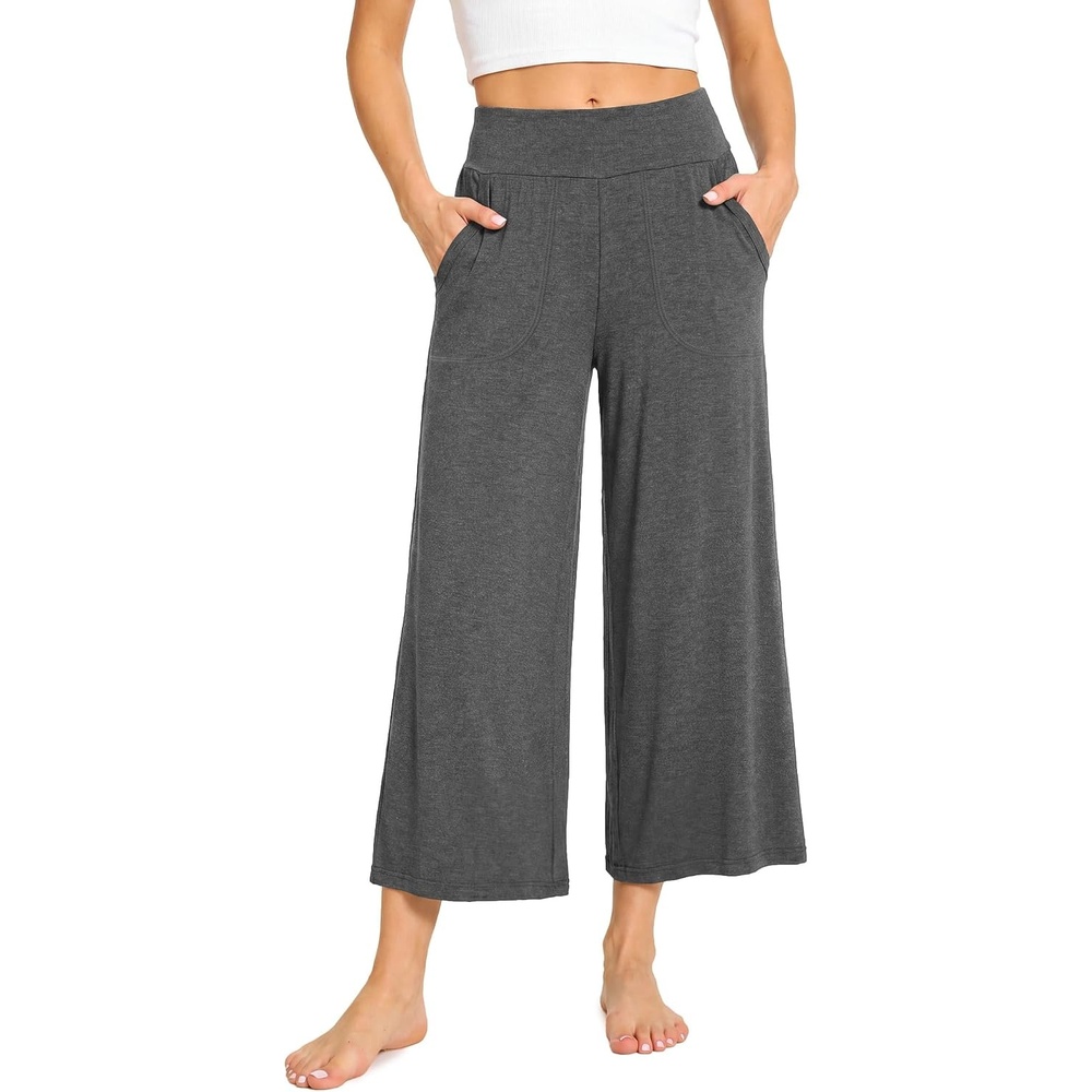 image:imageGYS Bamboo Viscose Womens Capri Pajama Pants Dark Grey Large Soft Culottes Cropped Lounge Pants Lightweight Flowy Yoga Pants Knitted Gaucho Pants Wide Leg High Waist PJ Bottom
