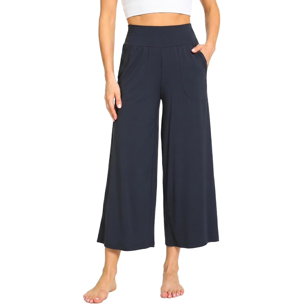 image:imageGYS Bamboo Viscose Womens Capri Pajama Pants Midnight Blue Large Soft Culottes Cropped Lounge Pants Lightweight Flowy Yoga Pants Knitted Gaucho Pants Wide Leg High Waist PJ Bottom