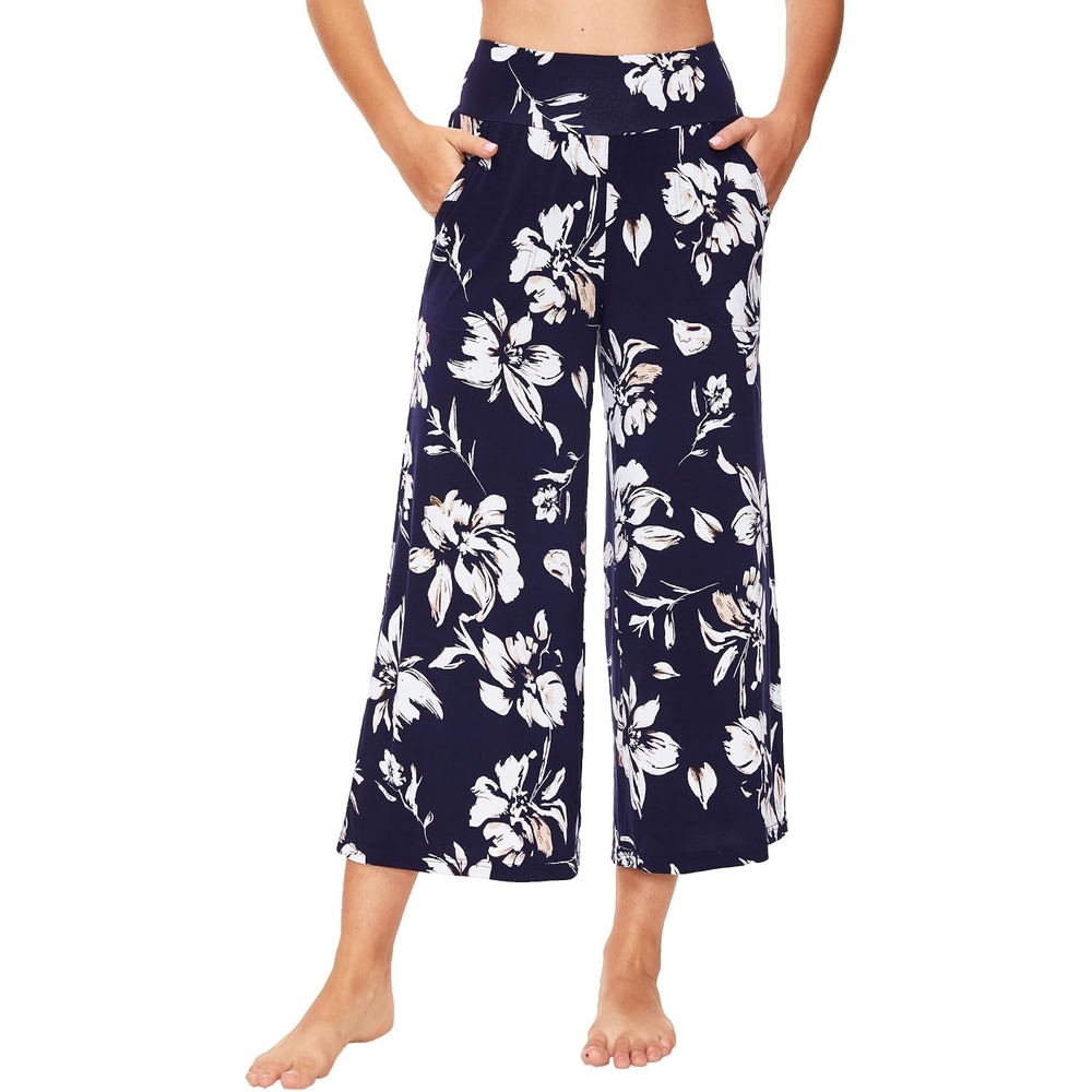 image:imageGYS Bamboo Viscose Womens Capri Pajama Pants Navy Floral Medium Soft Culottes Cropped Lounge Pants Lightweight Flowy Yoga Pants Knitted Gaucho Pants Wide Leg High Waist PJ Bottom