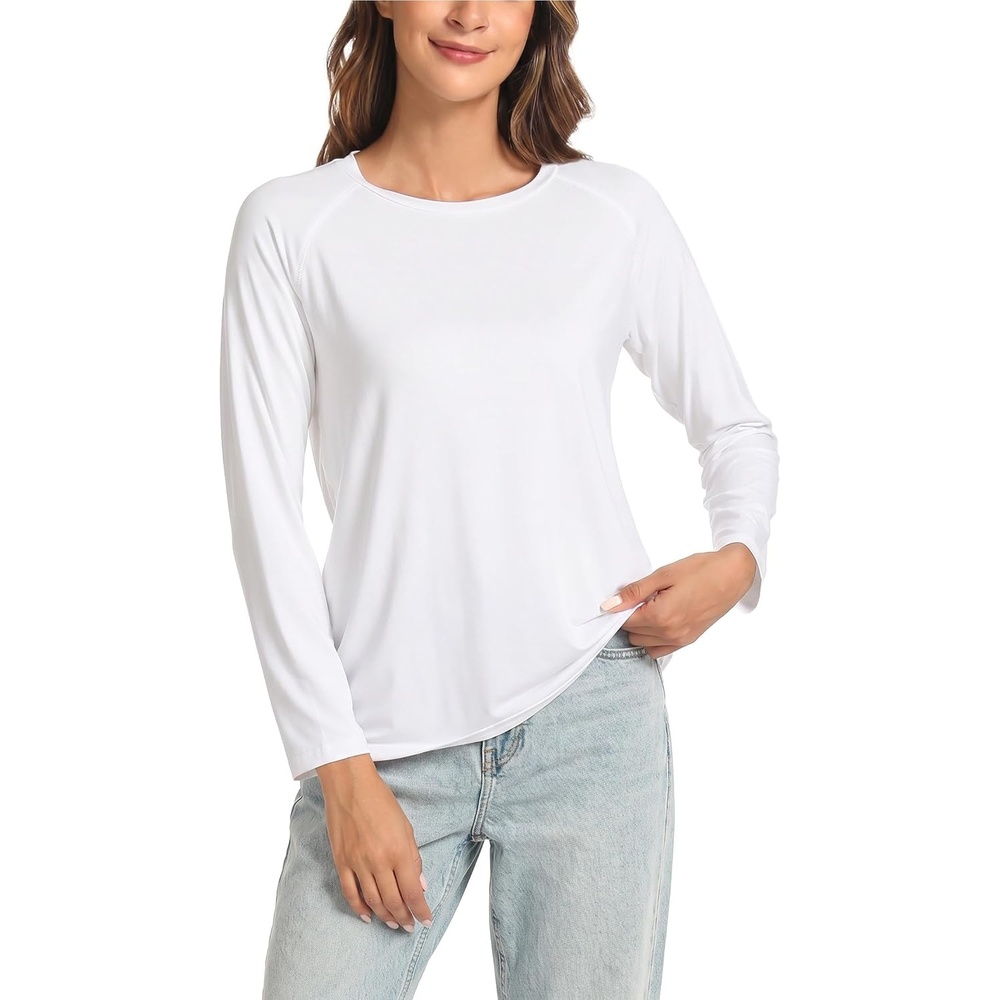 image:imageGYS Bamboo Viscose Womens Pajama Tops Long Sleeve Comfy Base Layer Tees Lightweight Stretchy PJ Tops ButterySoft Sleep Shirt Casual Crew Neck Lounge Top MoistureWicking TShirtWhite